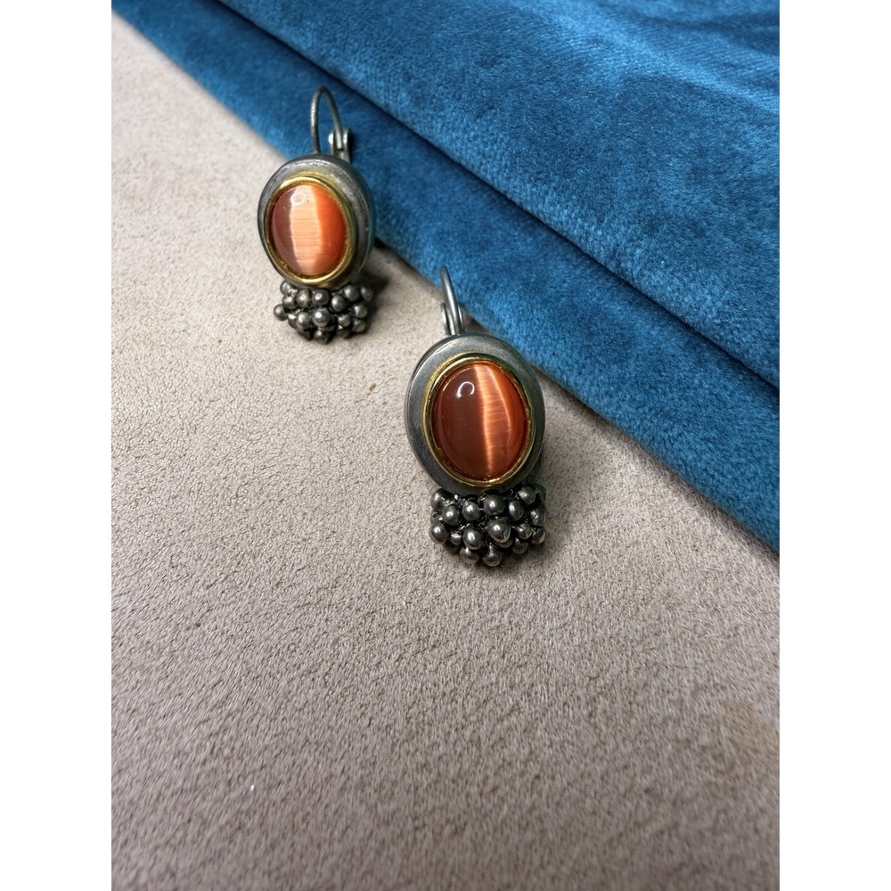 Vintage Two Tone Bronze Silver Bead Leverback Earrings‎ Orange Faux Cats Eye